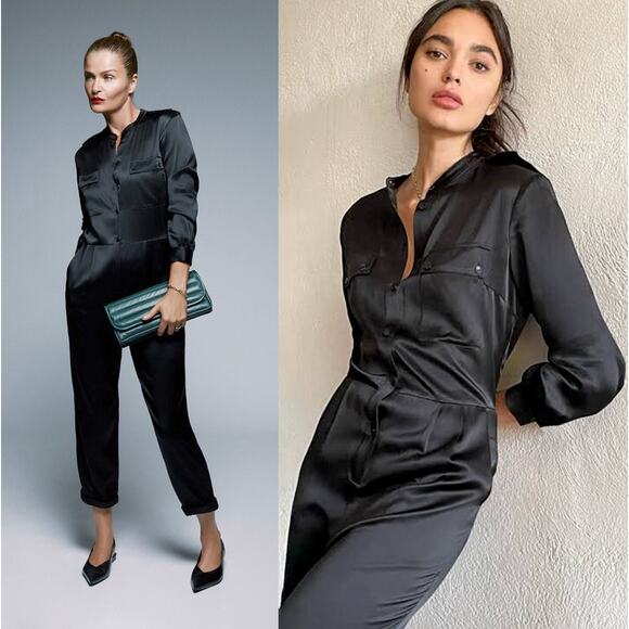 NEW! Anine Bing M Rosalie 100% Silk Jumpsuit $640 One Piece Coveralls Black - Picture 1 of 15